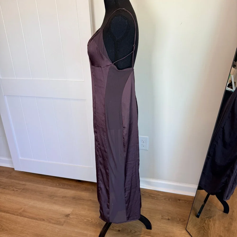 Intimately Free People City Cool Brown Satin Mesh Panel Midi Slip Dress Large